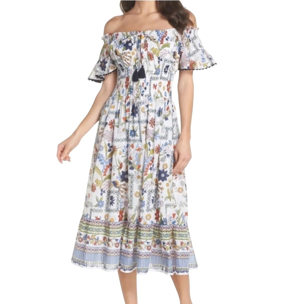 Tory Burch Meadow Folly Dress Floral Smocked Off-Shoulder Midi Rickrack Trim